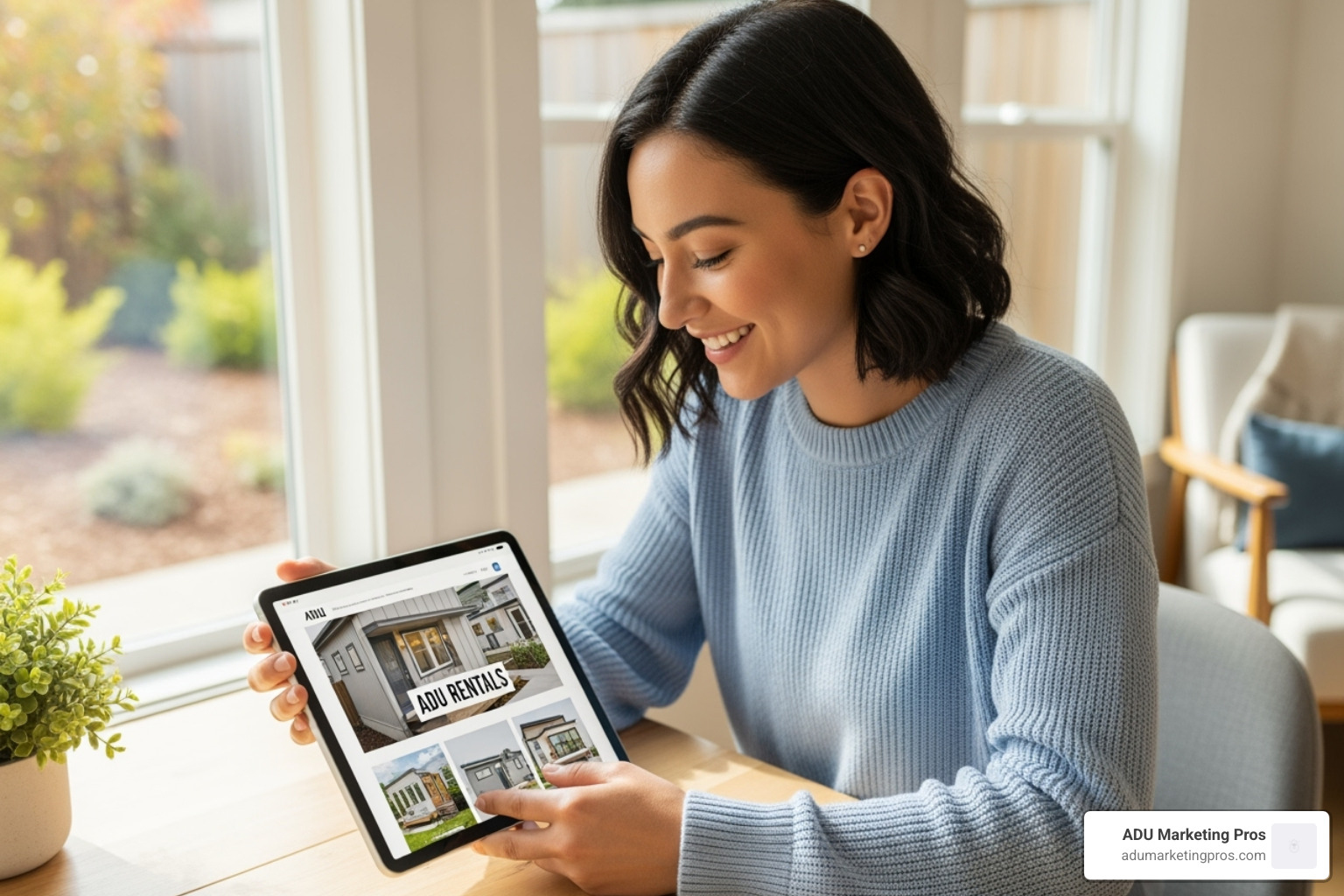 Person smiling while browsing ADU rental listings on a tablet - adu rentals san diego