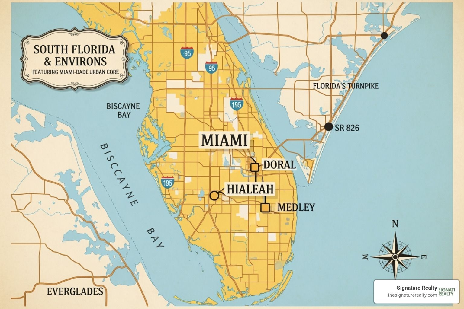 Map highlighting Miami, Doral, Hialeah, and Medley - commercial off market properties florida