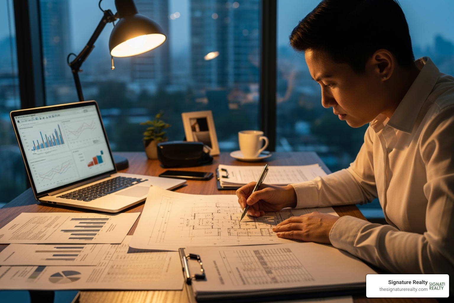 Person reviewing blueprints and financial documents - commercial off market properties florida