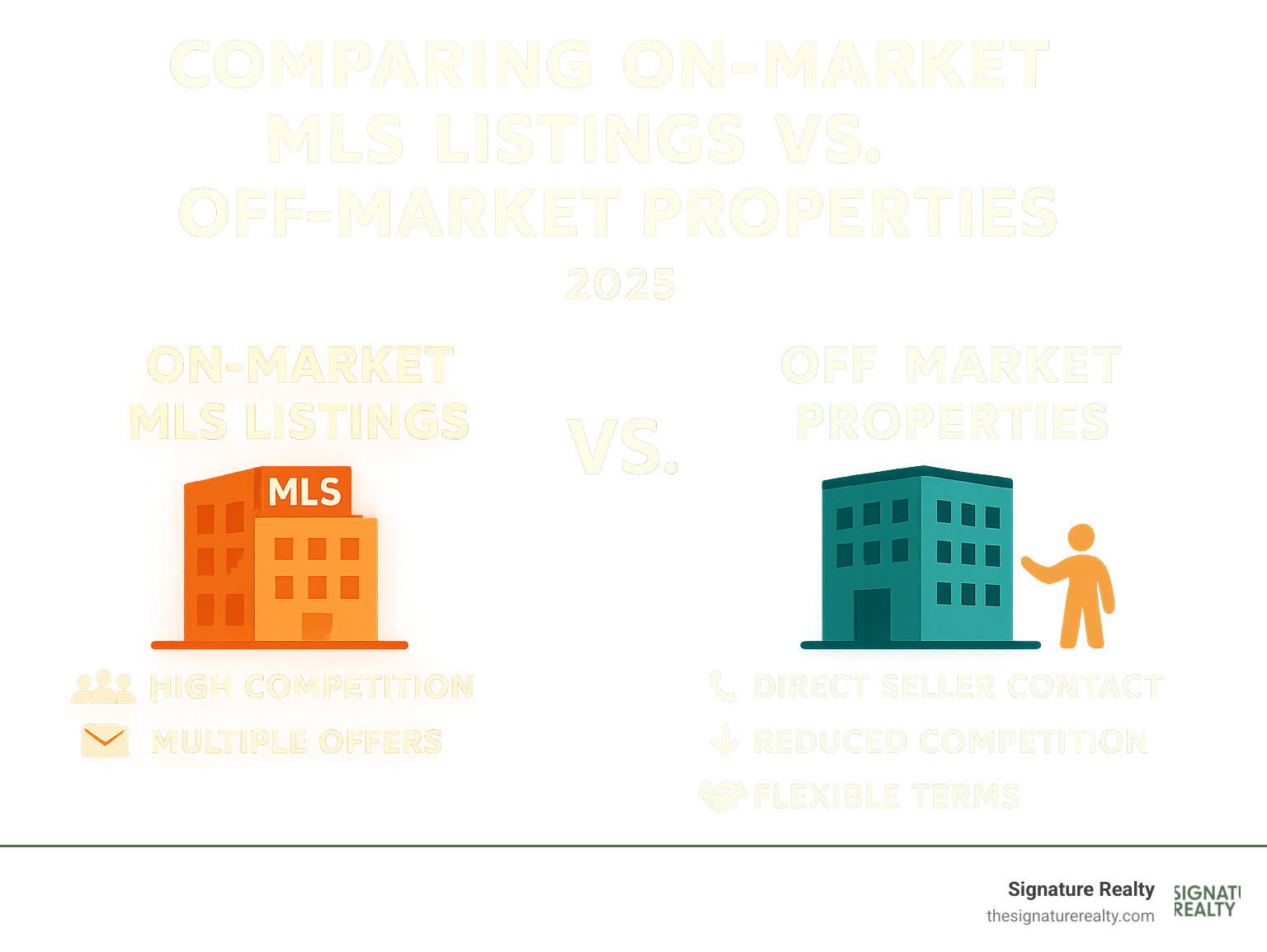 Infographic showing the comparison between on-market MLS listings with high competition and multiple offers versus off-market properties with direct seller contact, reduced competition, and flexible terms in Miami, Doral, Hialeah, and Medley markets - commercial off market properties florida infographic 