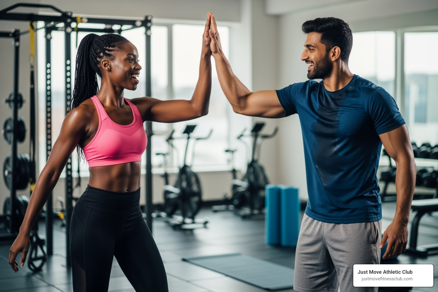 Two participants giving each other a high-five after a workout - all levels fitness classes