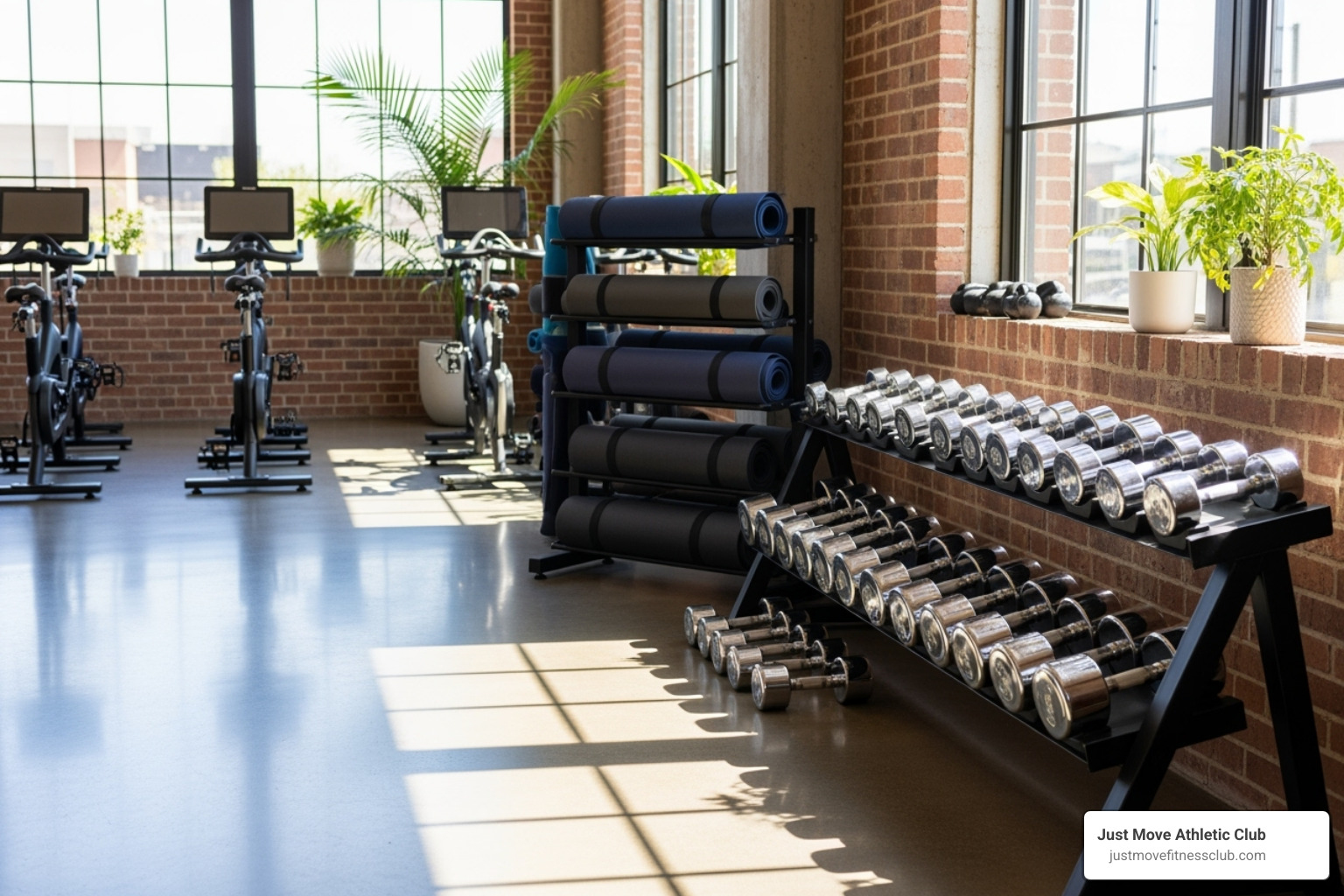 A clean and organized fitness studio with various equipment like yoga mats, dumbbells, and spin bikes - all levels fitness classes