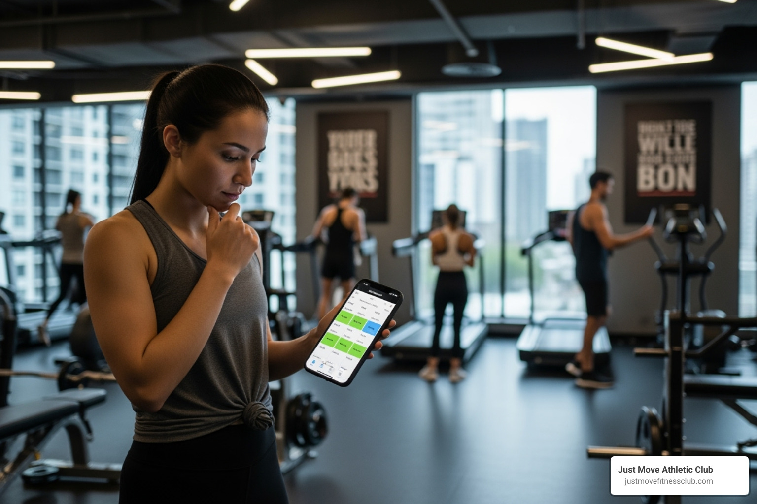 A person looking thoughtfully at a class schedule on a gym's mobile app - all levels fitness classes