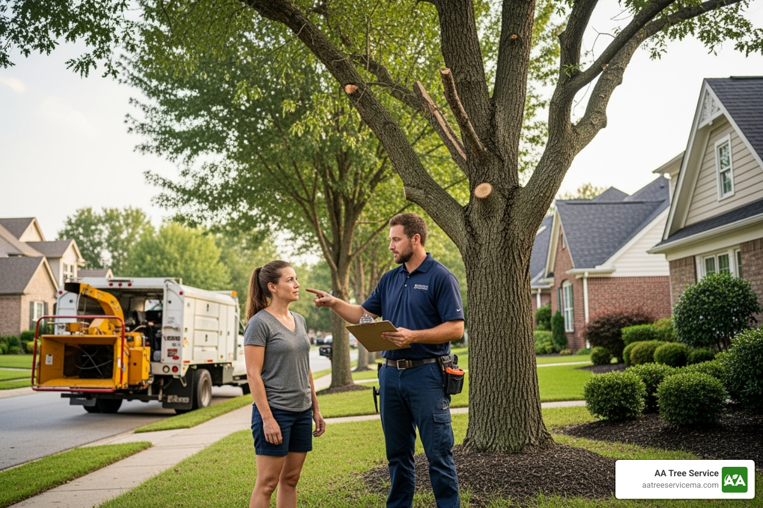 tree service professional providing a quote to a homeowner - small tree removal near me tree service professional providing a quote to a homeowner - small tree removal near me
