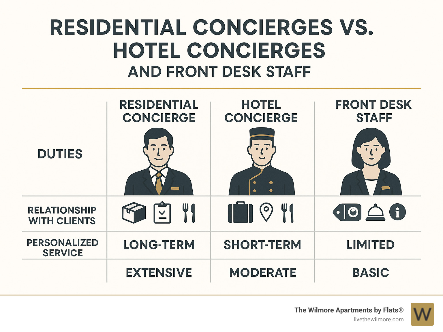 Infographic showing the key differences between residential concierges, hotel concierges, and front desk staff, including their duties, relationship duration with clients, and scope of personalized services - Apartments with concierge service infographic 