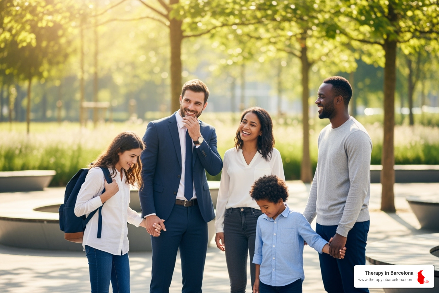 A diverse group of people (student, professional, parent) in Madrid looking relieved and happy - Online therapy Madrid A diverse group of people (student, professional, parent) in Madrid looking relieved and happy - Online therapy Madrid