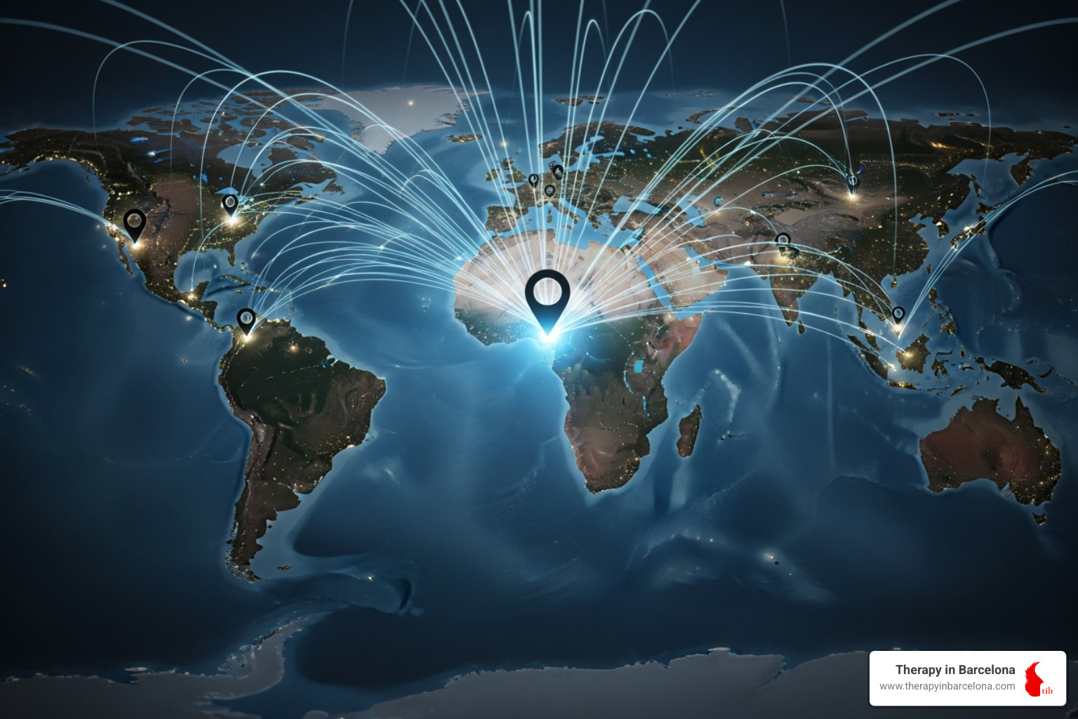 A world map with pins in different countries connecting to a pin in Madrid, symbolising international connection - Online therapy Madrid A world map with pins in different countries connecting to a pin in Madrid, symbolising international connection - Online therapy Madrid