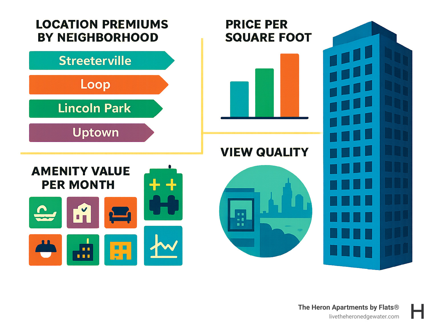 Detailed breakdown of factors affecting Chicago high-rise apartment rental rates including location premiums by neighborhood, square footage considerations, amenity categories and their influence on monthly rent, and view quality impact on rent - how much is a high rise apartment in chicago infographic 