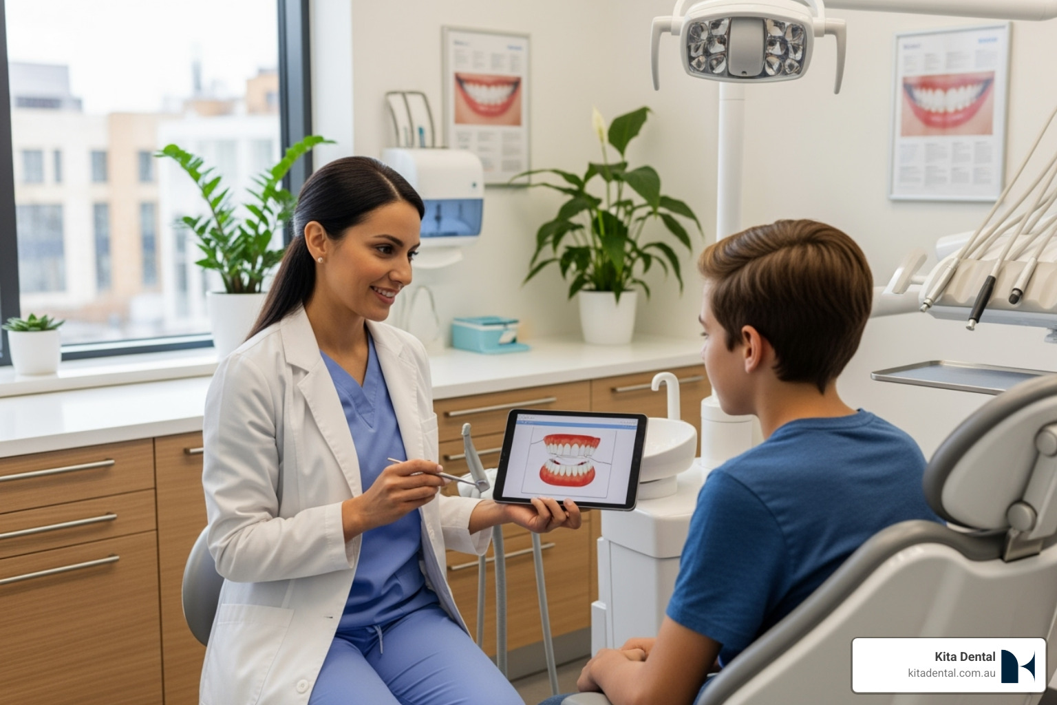 A friendly dentist explaining a dental procedure to a curious teenage patient in a modern dental office. - childrens dentist glebe A friendly dentist explaining a dental procedure to a curious teenage patient in a modern dental office. - childrens dentist glebe