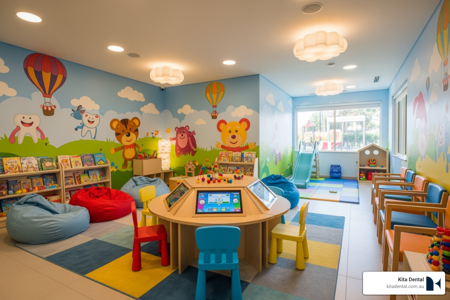 A colourful and inviting dental clinic waiting room designed for children, featuring playful decor and comfortable seating. - childrens dentist glebe A colourful and inviting dental clinic waiting room designed for children, featuring playful decor and comfortable seating. - childrens dentist glebe
