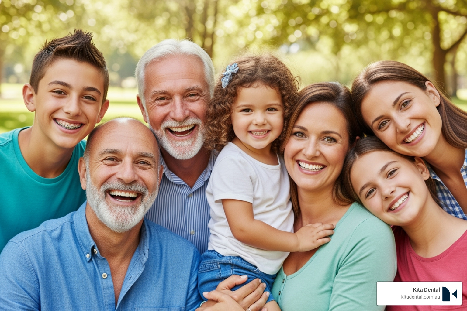 A happy family of diverse ages, including children, teenagers, and adults, showing off their healthy and confident smiles together. - childrens dentist glebe A happy family of diverse ages, including children, teenagers, and adults, showing off their healthy and confident smiles together. - childrens dentist glebe