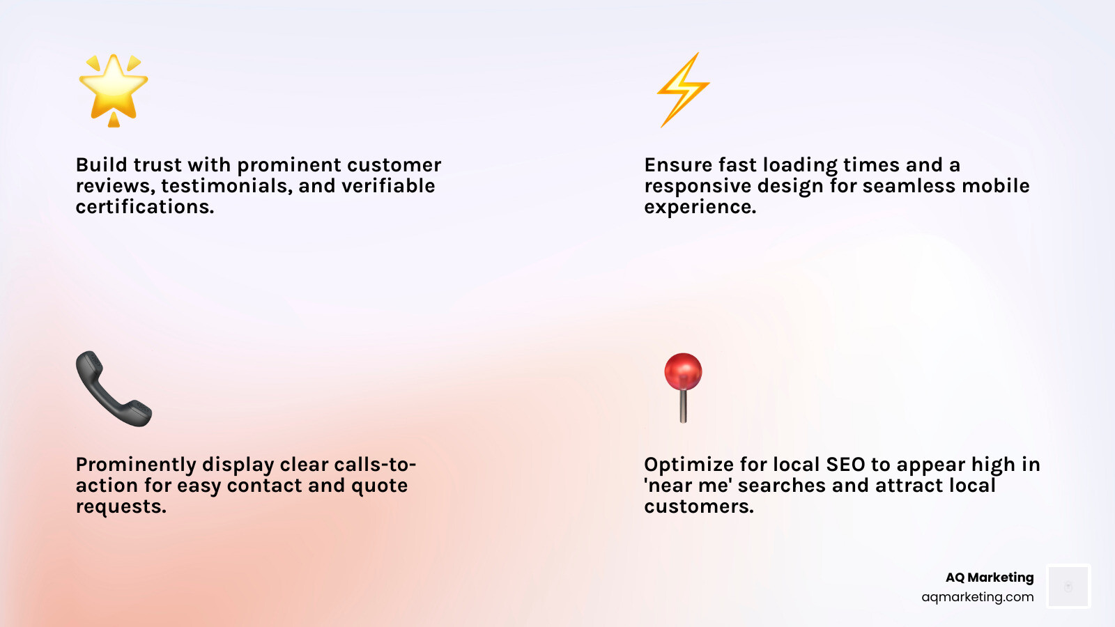 Infographic showing the 5 core elements of successful home service websites: Trust Signals including customer reviews and certifications, Mobile-First Design with responsive layouts, Clear CTAs with prominent contact buttons, Fast Load Speed under 3 seconds, and Local SEO optimization for appearing in local search results - best home service websites infographic 4_facts_emoji_light-gradient Infographic showing the 5 core elements of successful home service websites: Trust Signals including customer reviews and certifications, Mobile-First Design with responsive layouts, Clear CTAs with prominent contact buttons, Fast Load Speed under 3 seconds, and Local SEO optimization for appearing in local search results - best home service websites infographic 4_facts_emoji_light-gradient