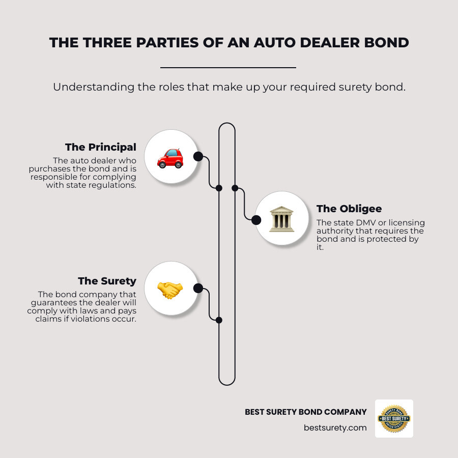 Infographic showing the three parties in an auto dealer bond: Principal (auto dealer who purchases the bond and must follow state regulations), Obligee (state DMV or licensing authority that requires the bond), and Surety (bond company that guarantees the dealer will comply with laws and pays claims if violations occur) - auto dealer bond infographic infographic-line-3-steps-neat_beige Infographic showing the three parties in an auto dealer bond: Principal (auto dealer who purchases the bond and must follow state regulations), Obligee (state DMV or licensing authority that requires the bond), and Surety (bond company that guarantees the dealer will comply with laws and pays claims if violations occur) - auto dealer bond infographic infographic-line-3-steps-neat_beige