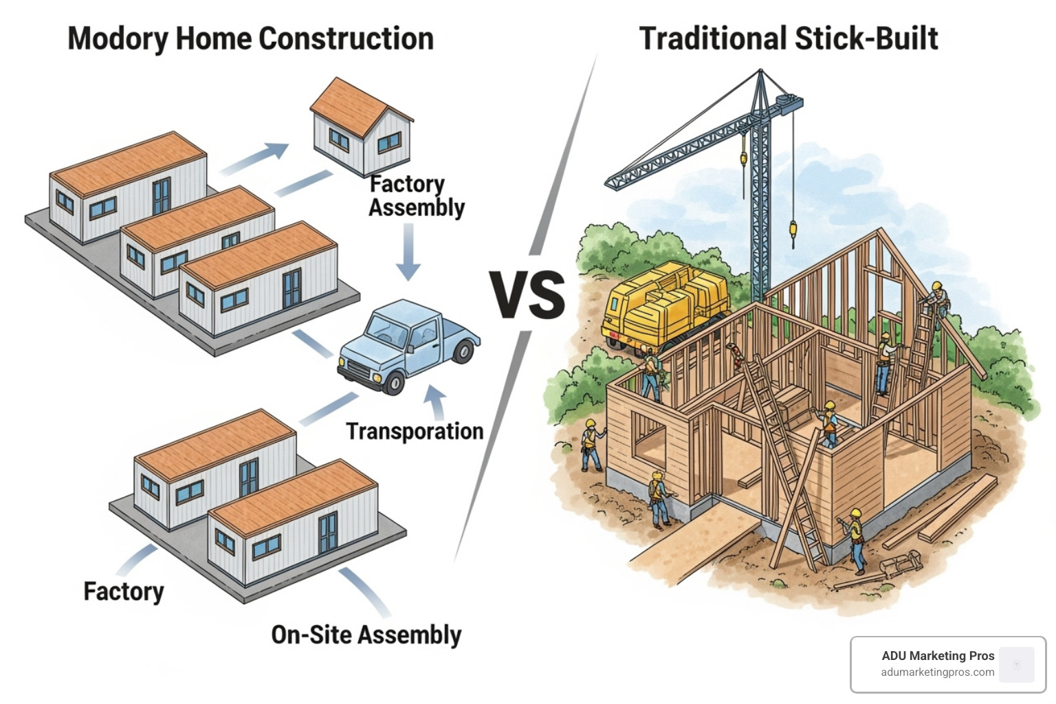 Diagram comparing modular construction process to traditional stick-built process - modular granny flats california