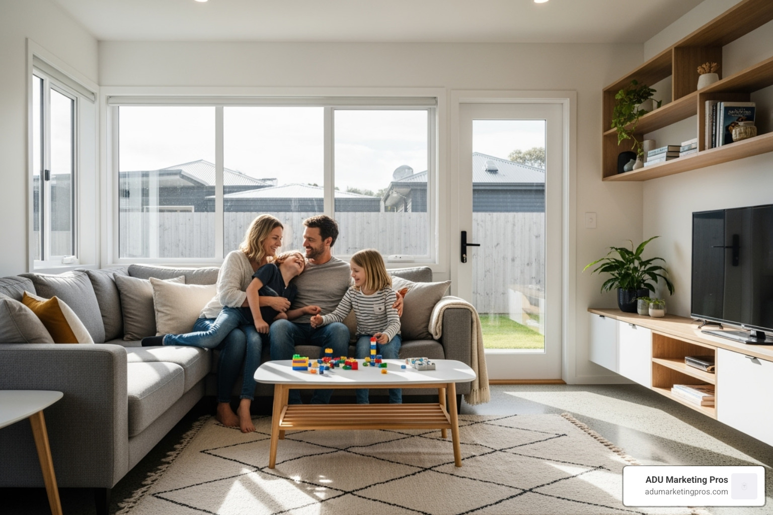 Family enjoying their new, beautifully designed modular granny flat - modular granny flats california