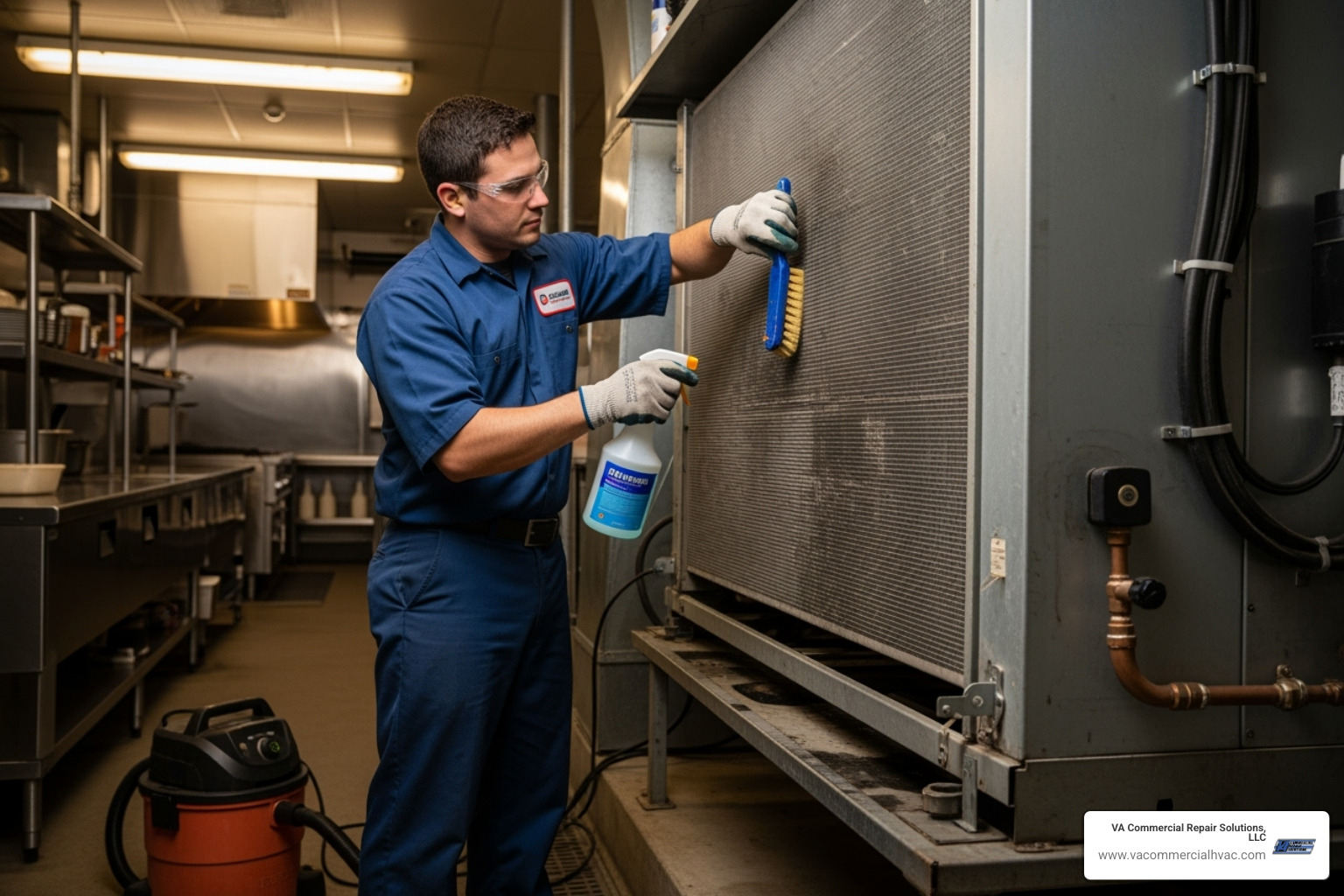 technician cleaning HVAC coils - hvac service for restaurants