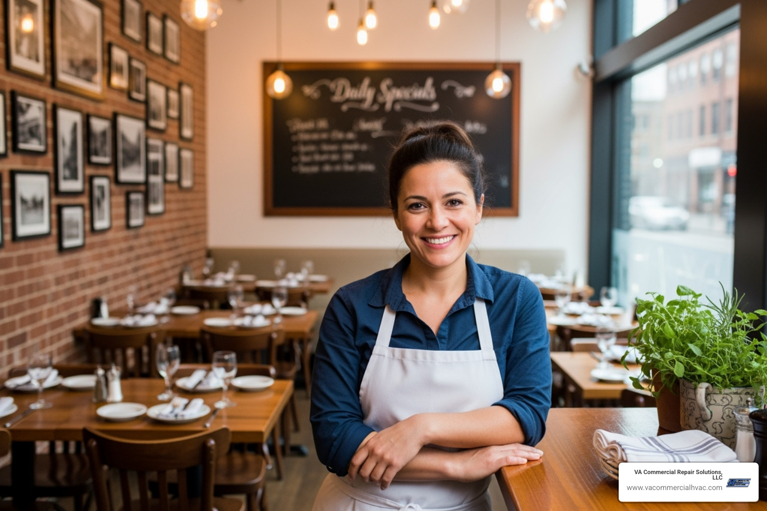 smiling restaurant owner standing in their well-lit, comfortable establishment - hvac service for restaurants