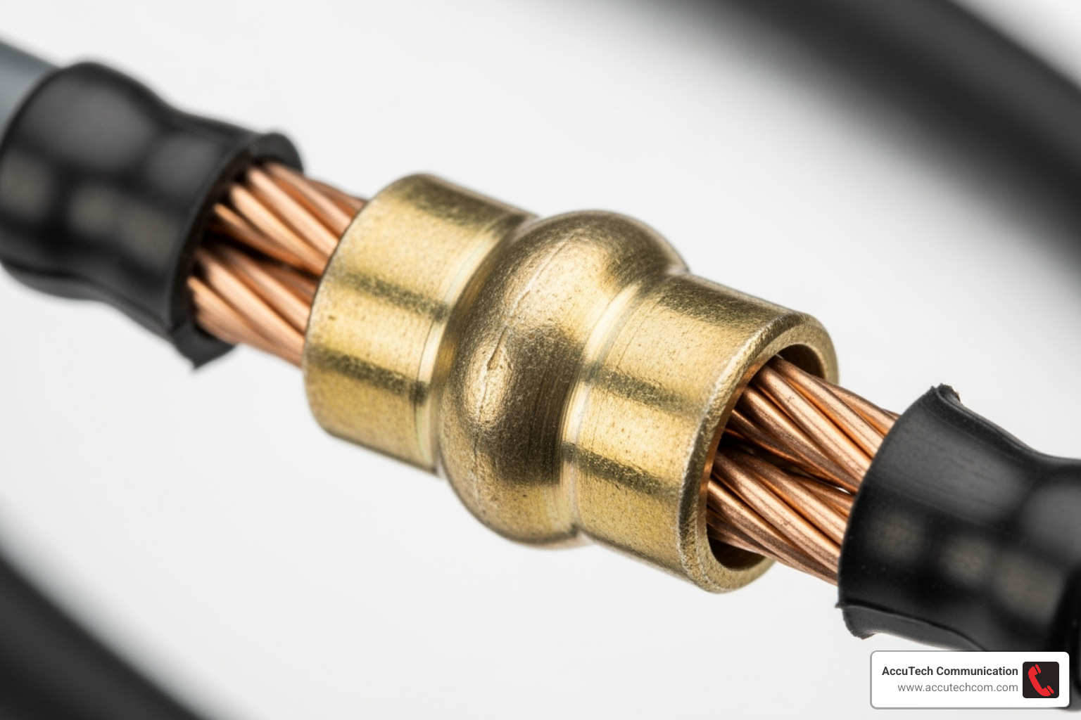 A close-up image showing a waterproof brass barrel wire connector being securely attached to the main low-voltage cable, with heat shrink tubing applied for a watertight seal. - how to install low voltage exterior lighting