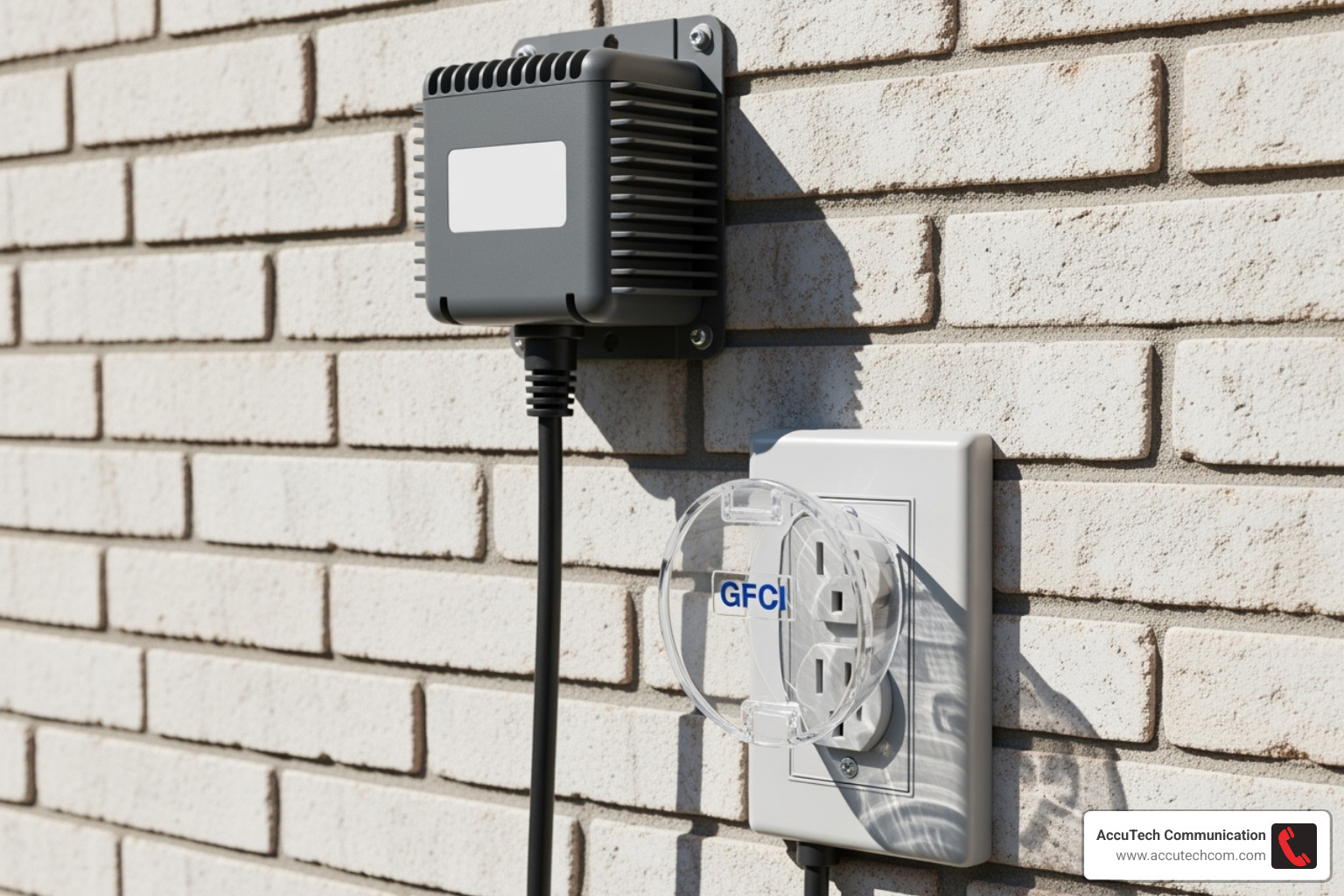 A low-voltage transformer is mounted on an exterior wall, positioned correctly above ground level and plugged into a GFCI outdoor electrical outlet with a weatherproof cover. - how to install low voltage exterior lighting
