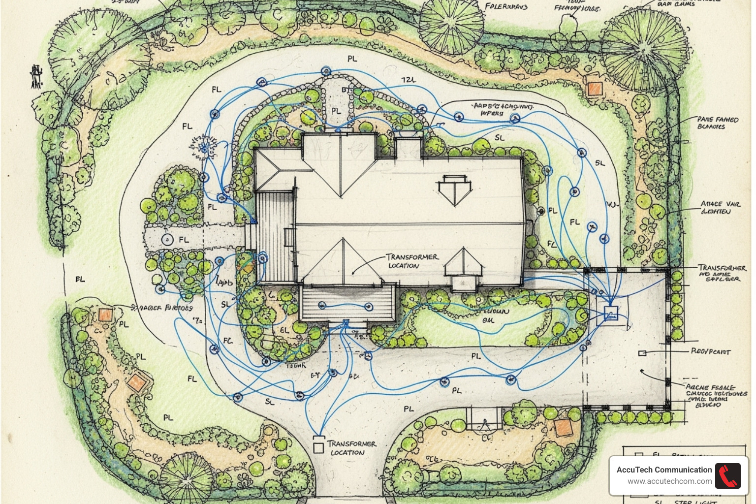 A hand-drawn landscape lighting plan with various light fixtures, cable paths, and the transformer location marked on a sketch of a home's exterior. - how to install low voltage exterior lighting