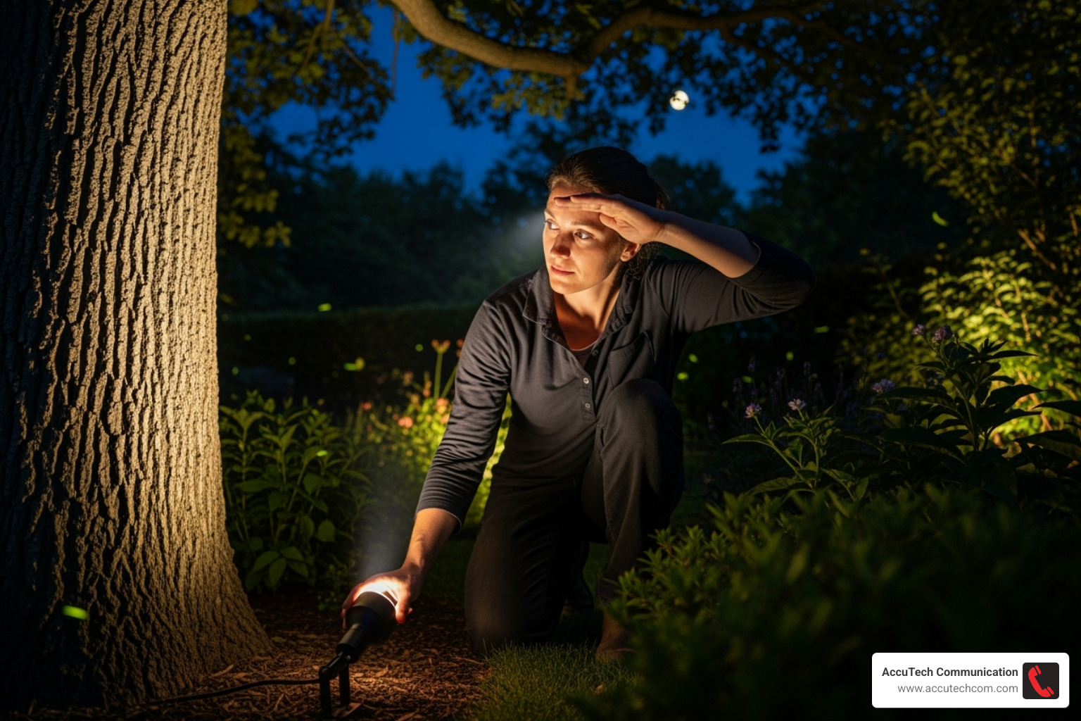 A person is kneeling in a garden at night, carefully adjusting the angle of a low-voltage spotlight aimed at a tree, fine-tuning the illumination effect. - how to install low voltage exterior lighting