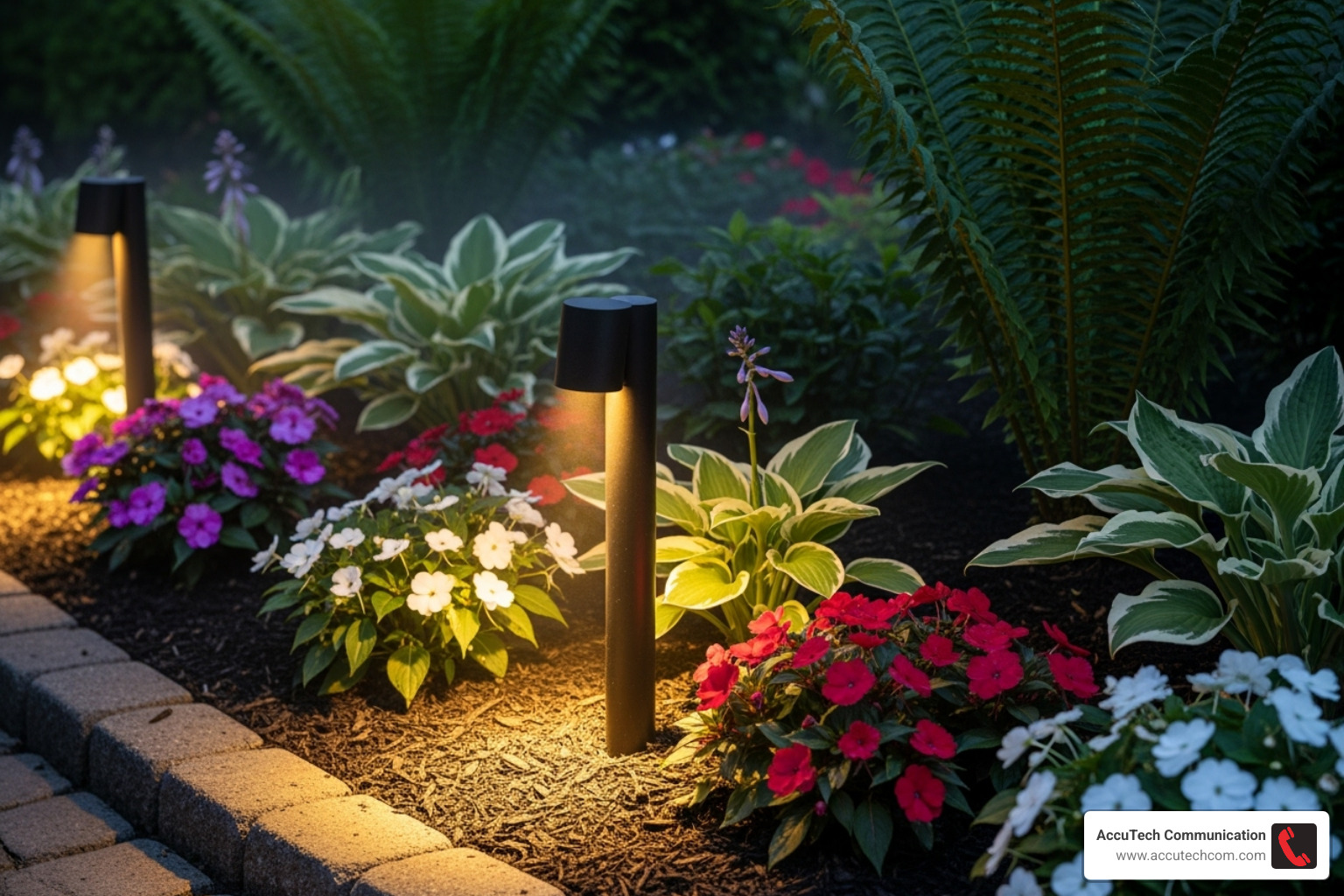 A clean, well-maintained path light is securely installed in a garden bed, illuminating the surrounding foliage. - how to install low voltage exterior lighting