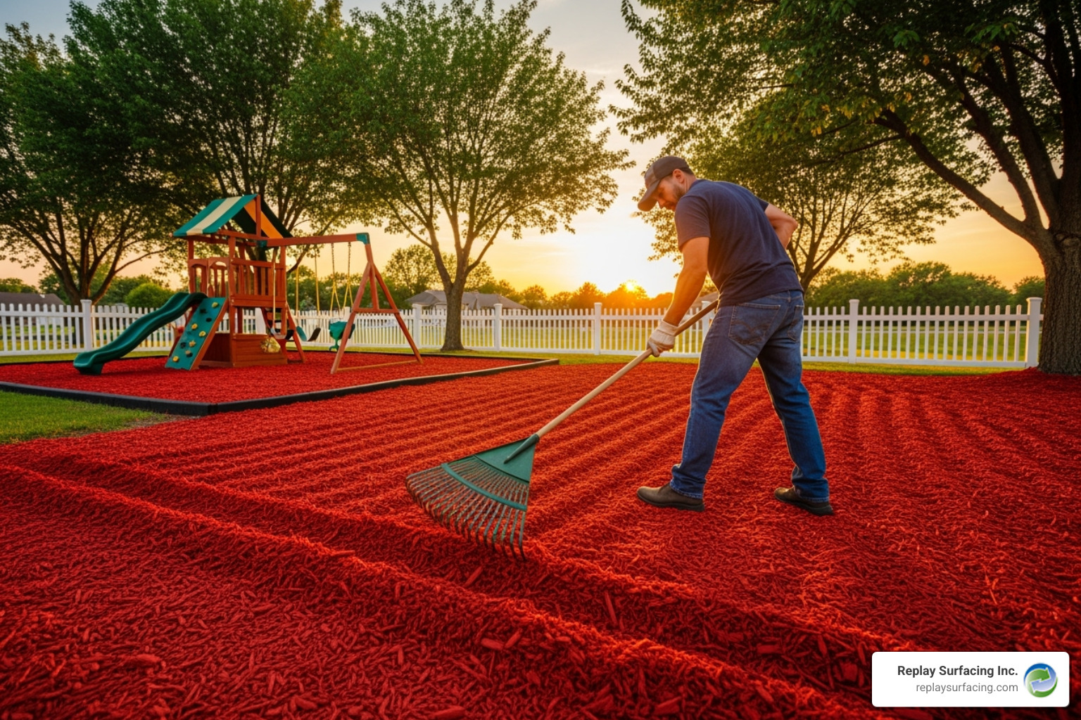 person raking rubber mulch - recycled rubber chips