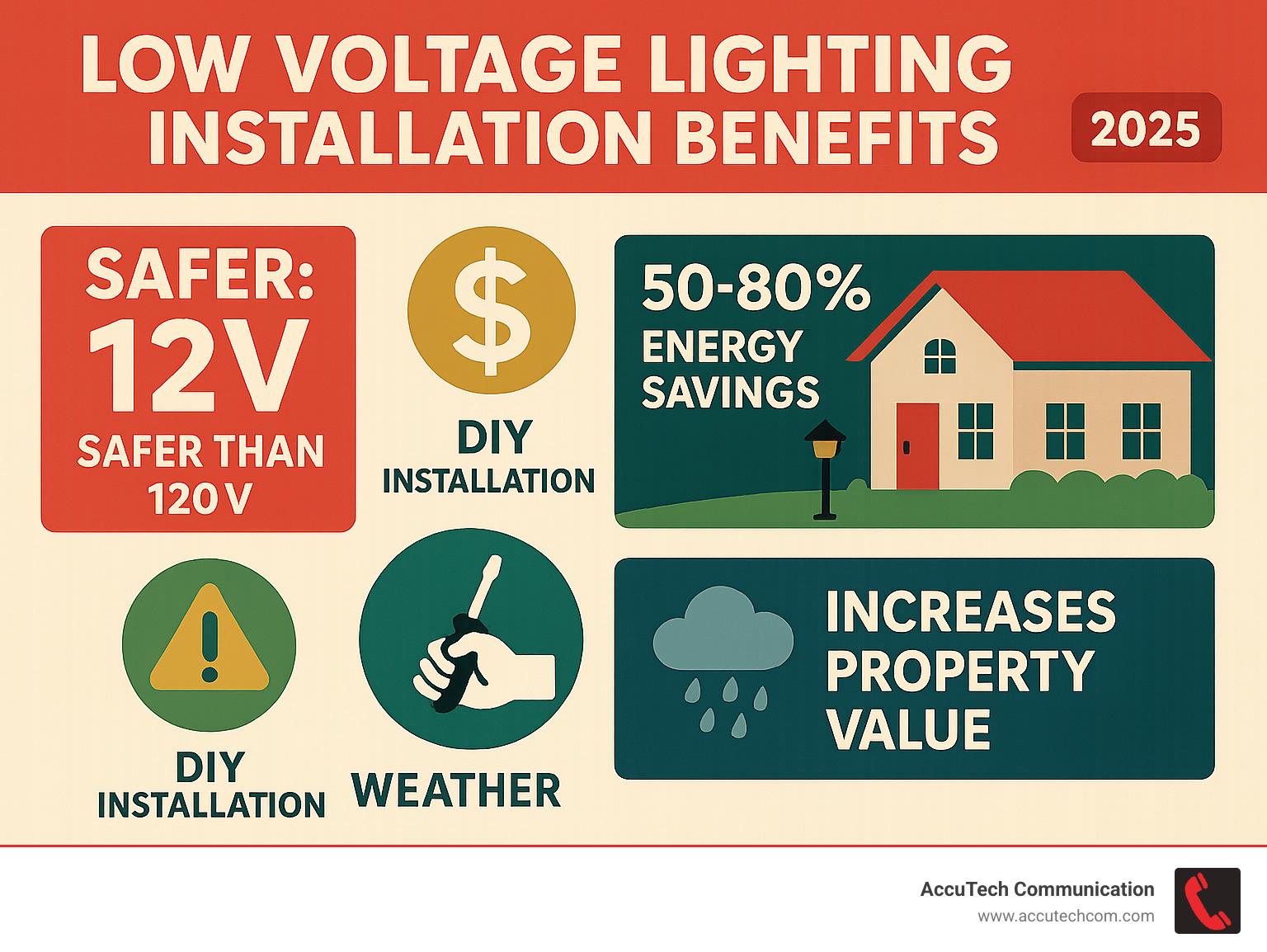 Infographic showing low voltage lighting installation benefits: 12V safety advantage over 120V systems, 50-80% energy savings compared to line voltage, DIY-friendly installation process, improved property value and curb appeal, weather-resistant components for year-round durability - how to install low voltage exterior lighting infographic 