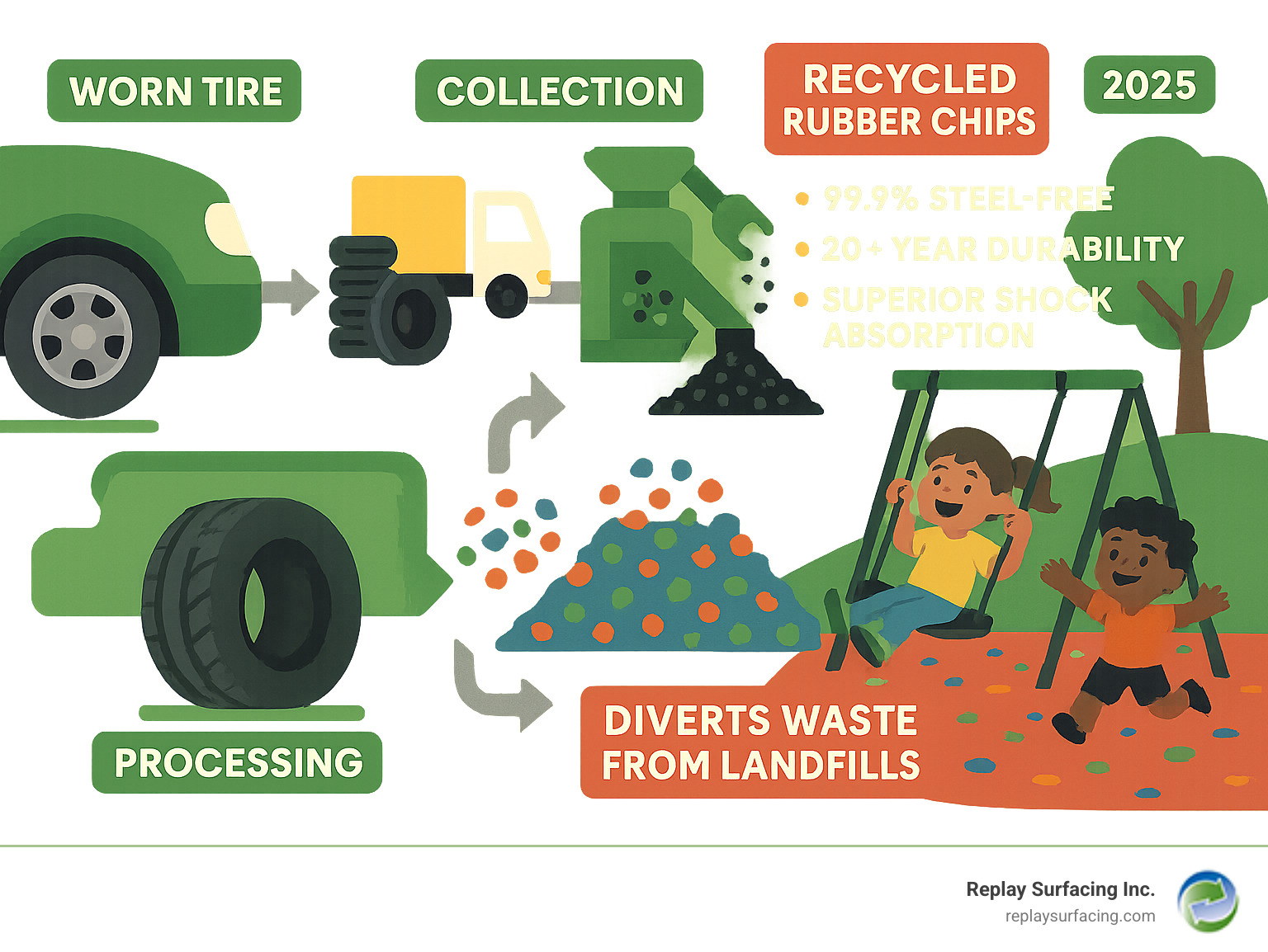 Infographic showing the complete lifecycle of tire recycling: starting with a worn tire on a vehicle, moving through collection and processing stages including shredding and wire removal, then change into colorful rubber chips, and finally installation as safe playground surfacing with children playing, highlighting key benefits like 99.9% steel-free processing, 20+ year durability, superior shock absorption, and diversion of waste from landfills - recycled rubber chips infographic 