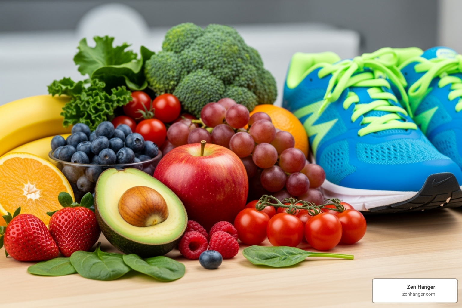 Healthy foods like fruits and vegetables next to a pair of running shoes - real way to increase your size at home