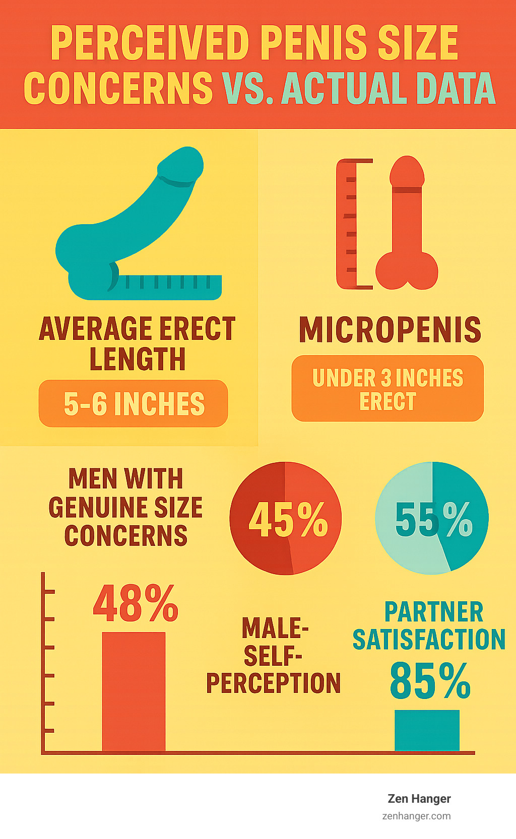 Infographic showing comparison between perceived penis size concerns versus actual medical data, including average erect length of 5-6 inches, clinical definition of micropenis at under 3 inches erect, percentage of men with genuine size concerns versus normal anatomy, and the gap between male self-perception and partner satisfaction rates - real way to increase your size at home infographic 