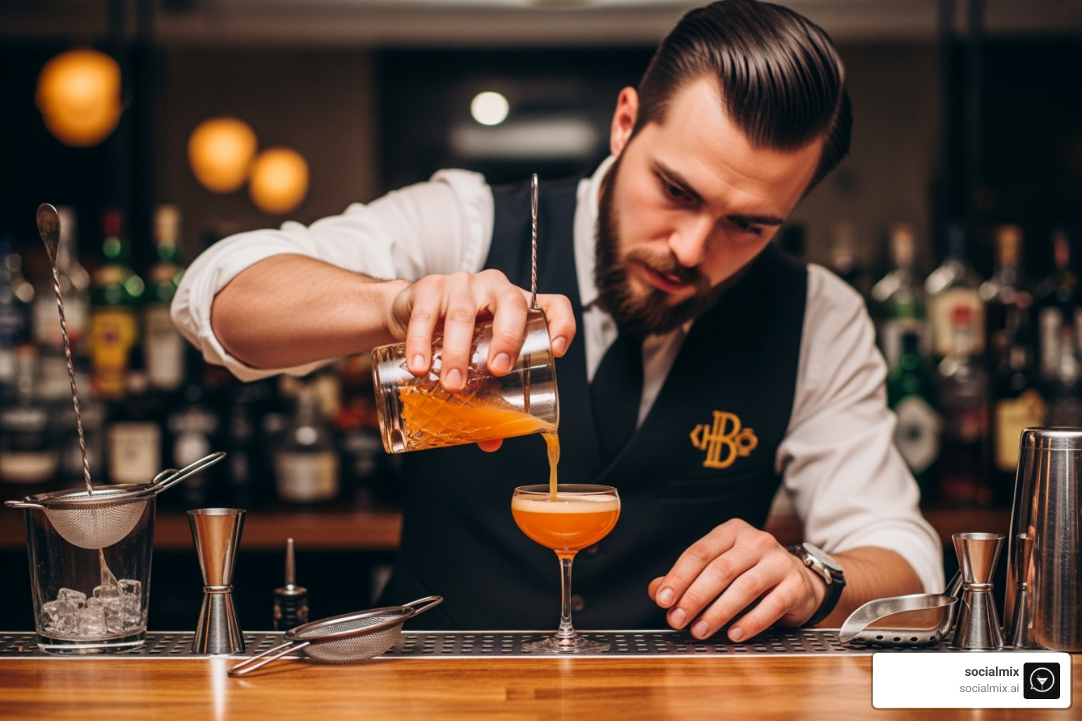 A professional bartender in a custom vest expertly pouring a cocktail, with various bar tools subtly visible on the counter. - bar outerwear