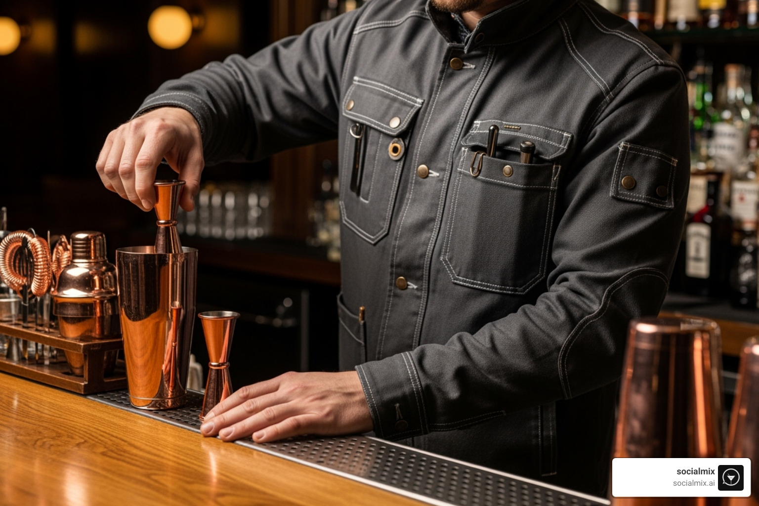A bartender in a well-fitted jacket with multiple pockets, reaching for a jigger from a cocktail shaker set on a bar, emphasizing ease of movement and tool accessibility. - bar outerwear