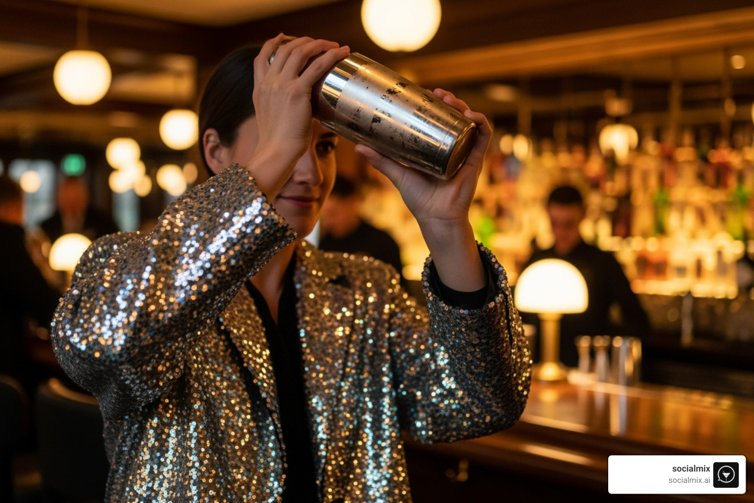 A person in a shimmering sequined jacket, holding a classic cocktail shaker, with the ambient glow of a trendy bar in the background. - bar outerwear