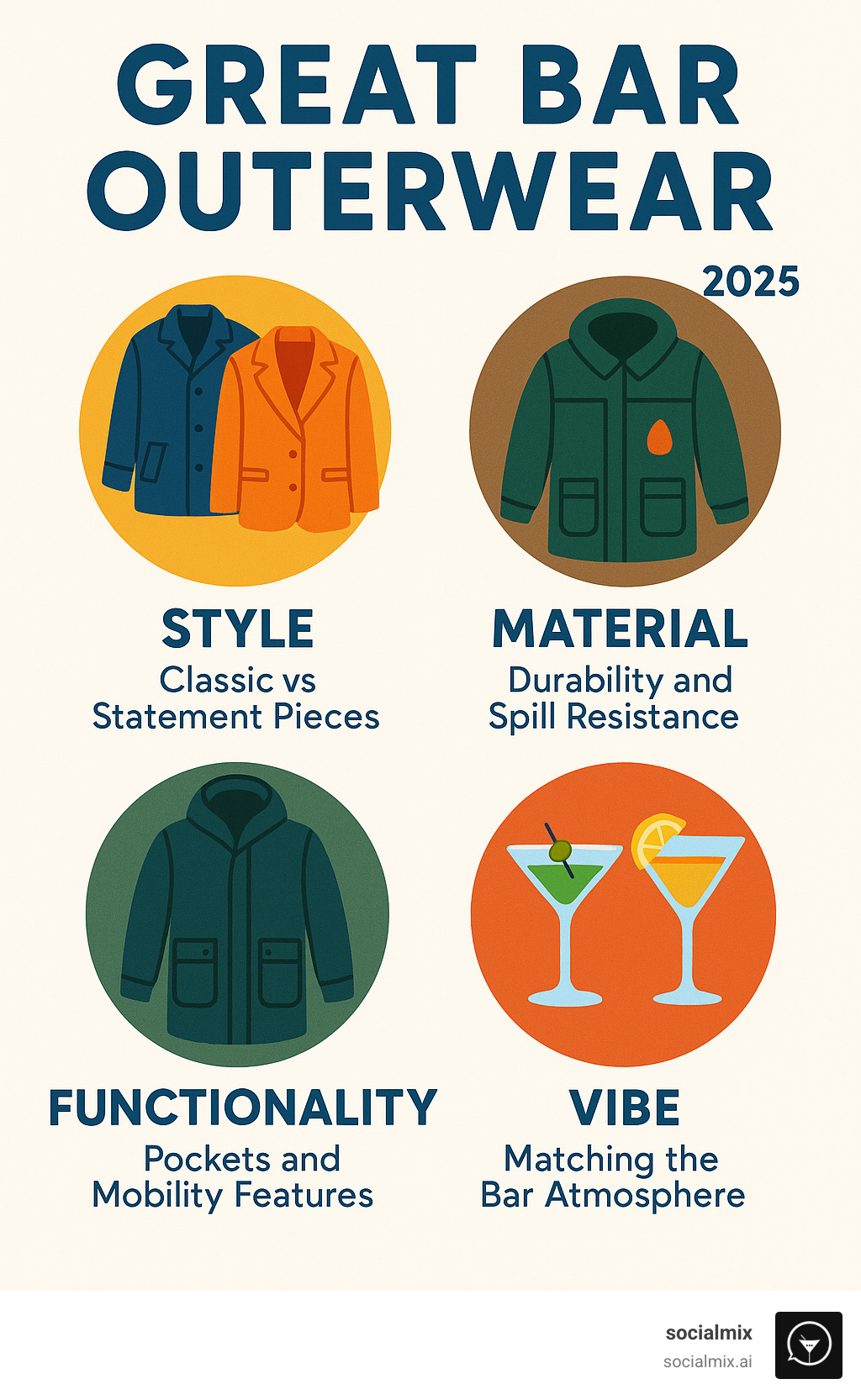 Comprehensive guide showing the four key elements of great bar outerwear: Style (classic vs statement pieces), Material (durability and spill resistance), Functionality (pockets and mobility features), and Vibe (matching the bar atmosphere from casual to upscale) - bar outerwear infographic 