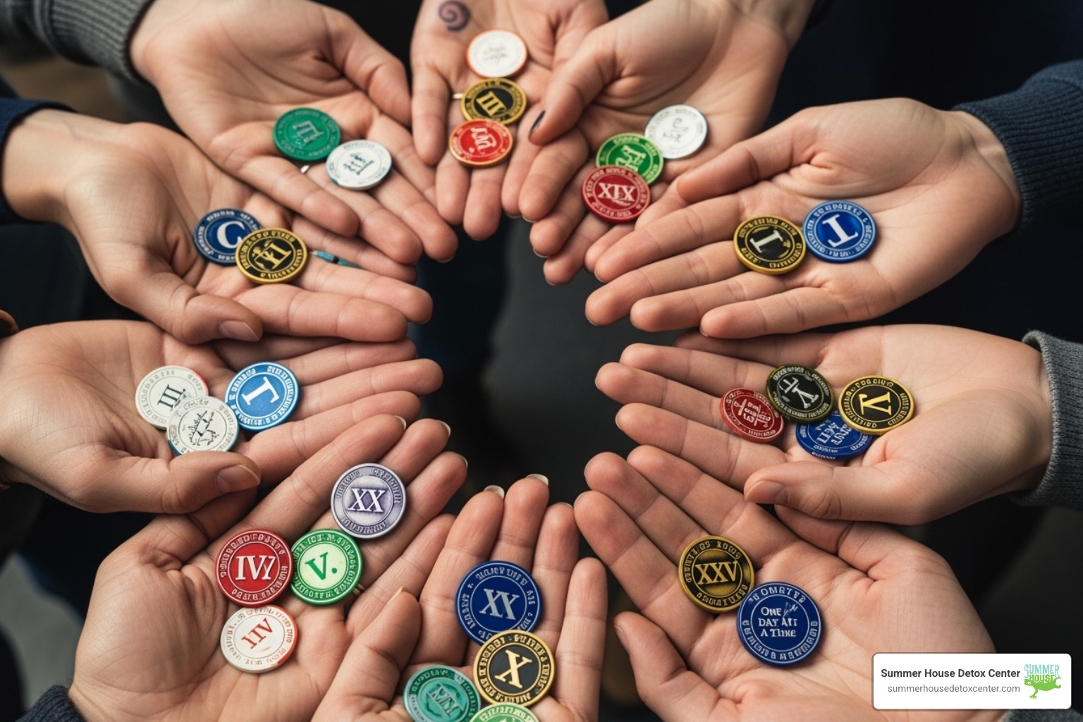 Diverse hands holding sobriety chips - miami substance abuse treatment