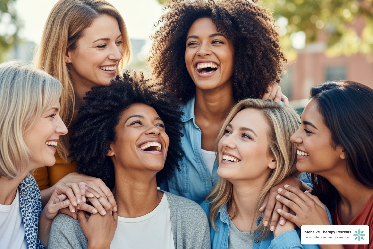 group of diverse women sharing a happy connected moment - spiritual healing retreats for women