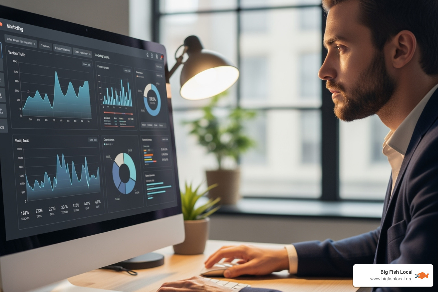 A marketing professional analyzing charts and data on a computer screen - pay per click management