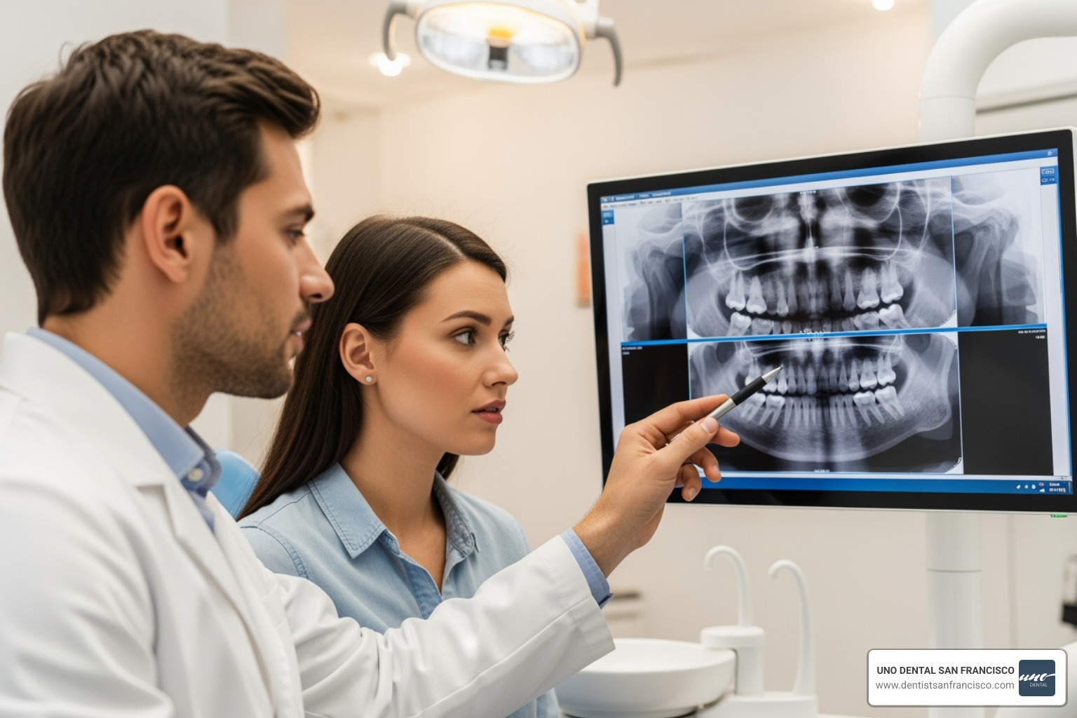 Dentist and patient looking at dental x-rays - affordable dentist san francisco