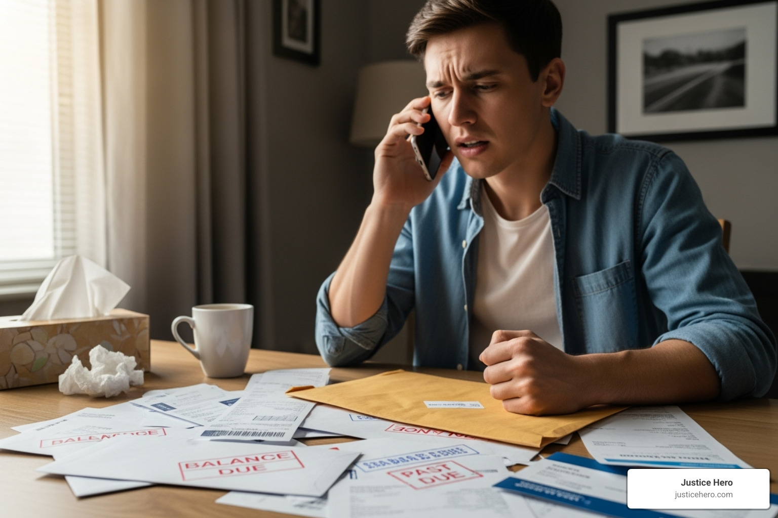 person on the phone looking stressed, with medical bills on a table - personal injury accident lawyer