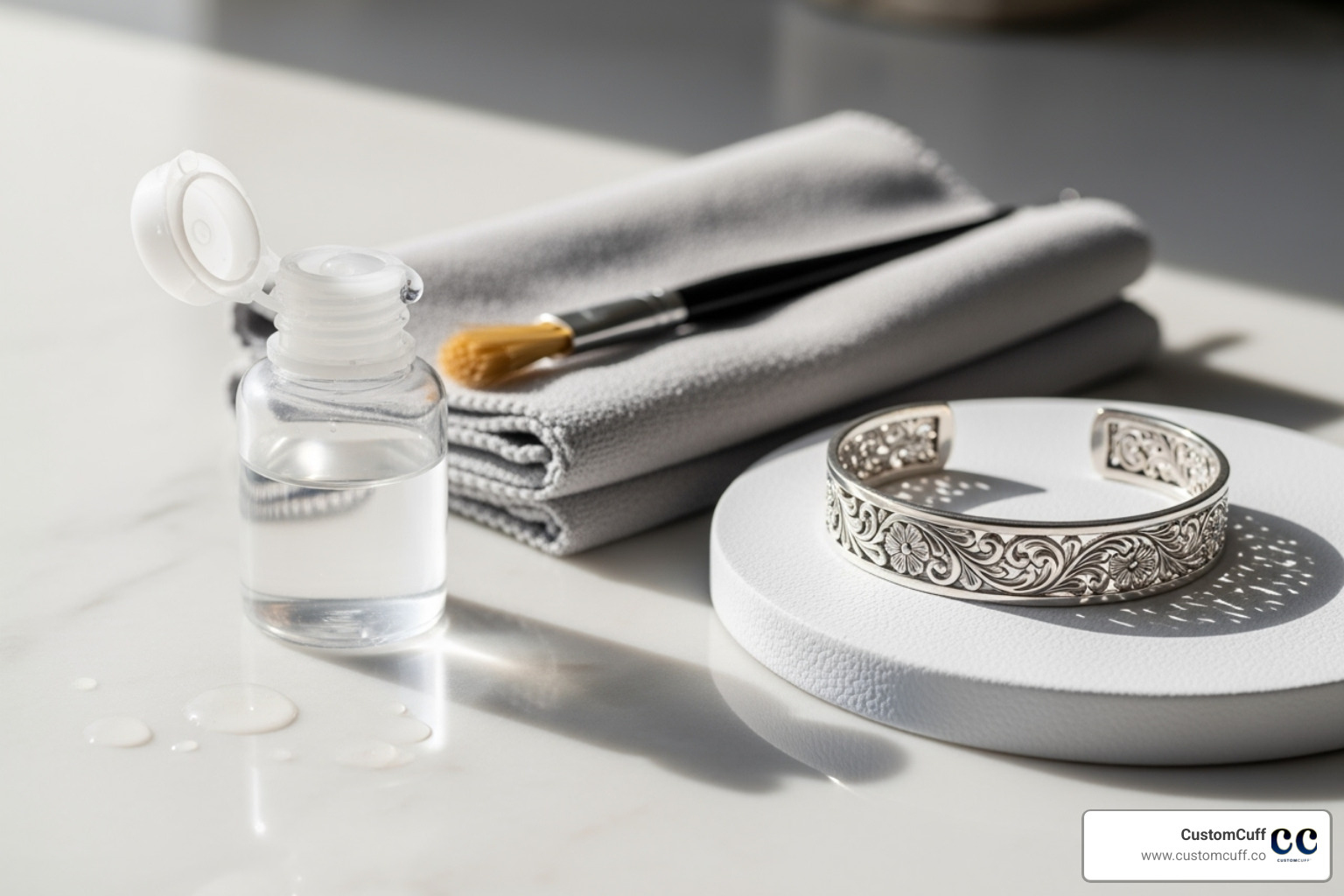 Jewelry cleaning supplies like a soft cloth and a polishing solution next to a bracelet - engraved bracelet for mom Jewelry cleaning supplies like a soft cloth and a polishing solution next to a bracelet - engraved bracelet for mom