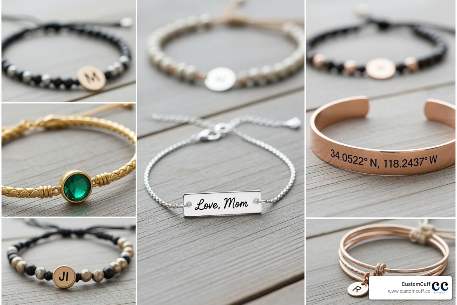 A collage showcasing different personalization types like a handwriting bracelet, a birthstone charm bracelet, and a bracelet with coordinates - engraved bracelet for mom A collage showcasing different personalization types like a handwriting bracelet, a birthstone charm bracelet, and a bracelet with coordinates - engraved bracelet for mom