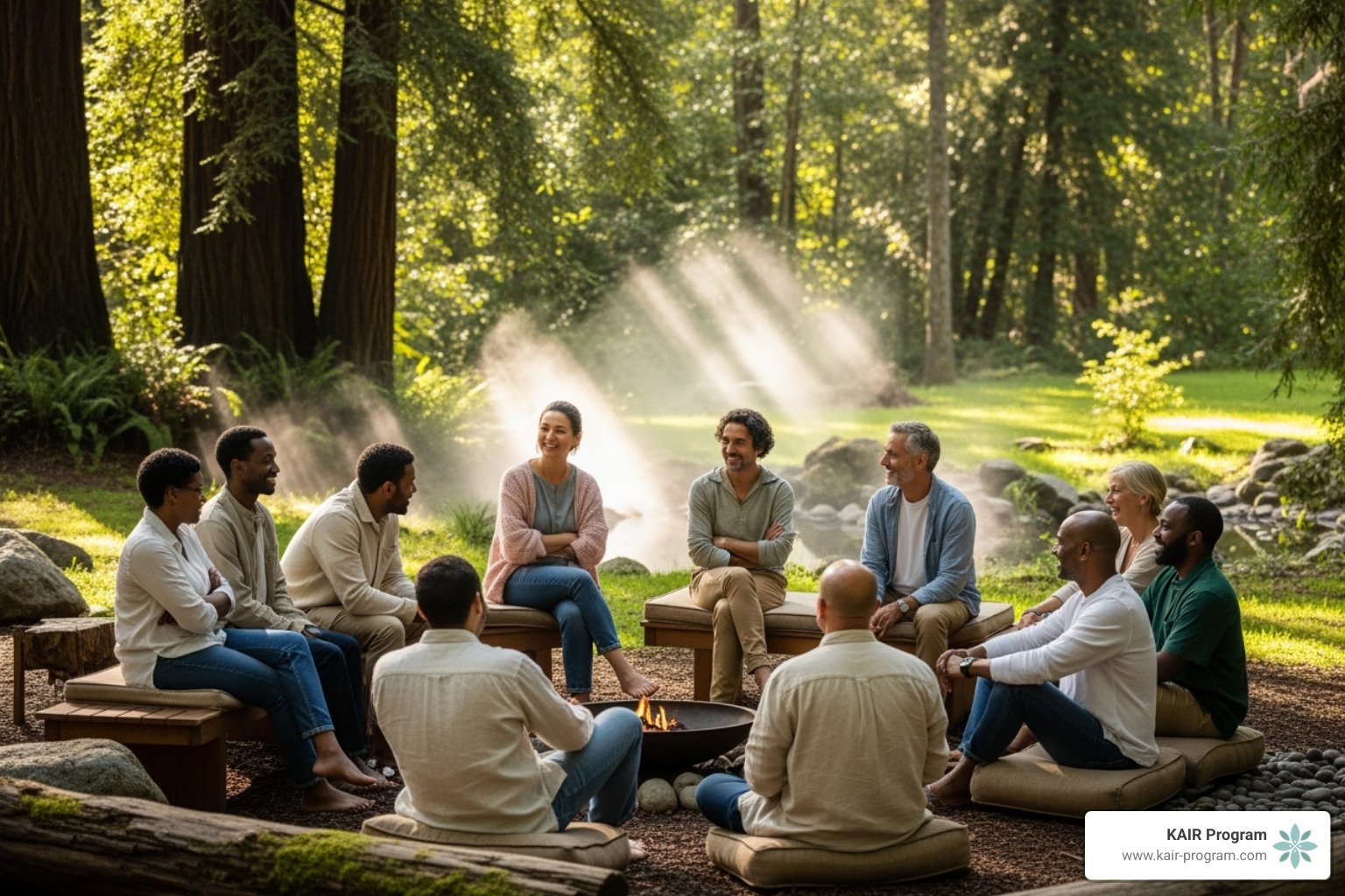 diverse group of people looking relaxed and happy - Anxiety recovery retreat