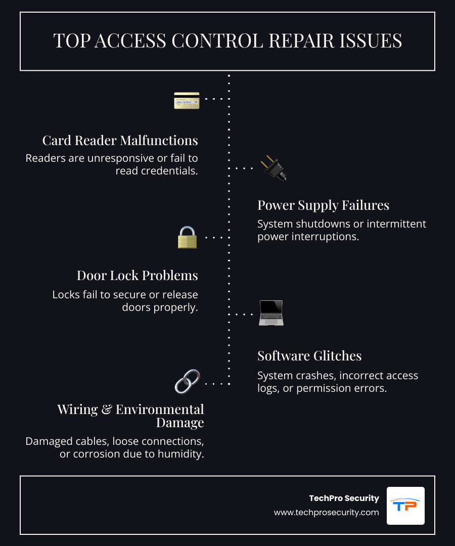 Common access control repair issues including card reader malfunctions, power supply failures, door lock problems, software glitches, environmental damage, and wiring issues with typical repair timeframes and emergency service indicators - access control repair infographic infographic-line-5-steps-dark