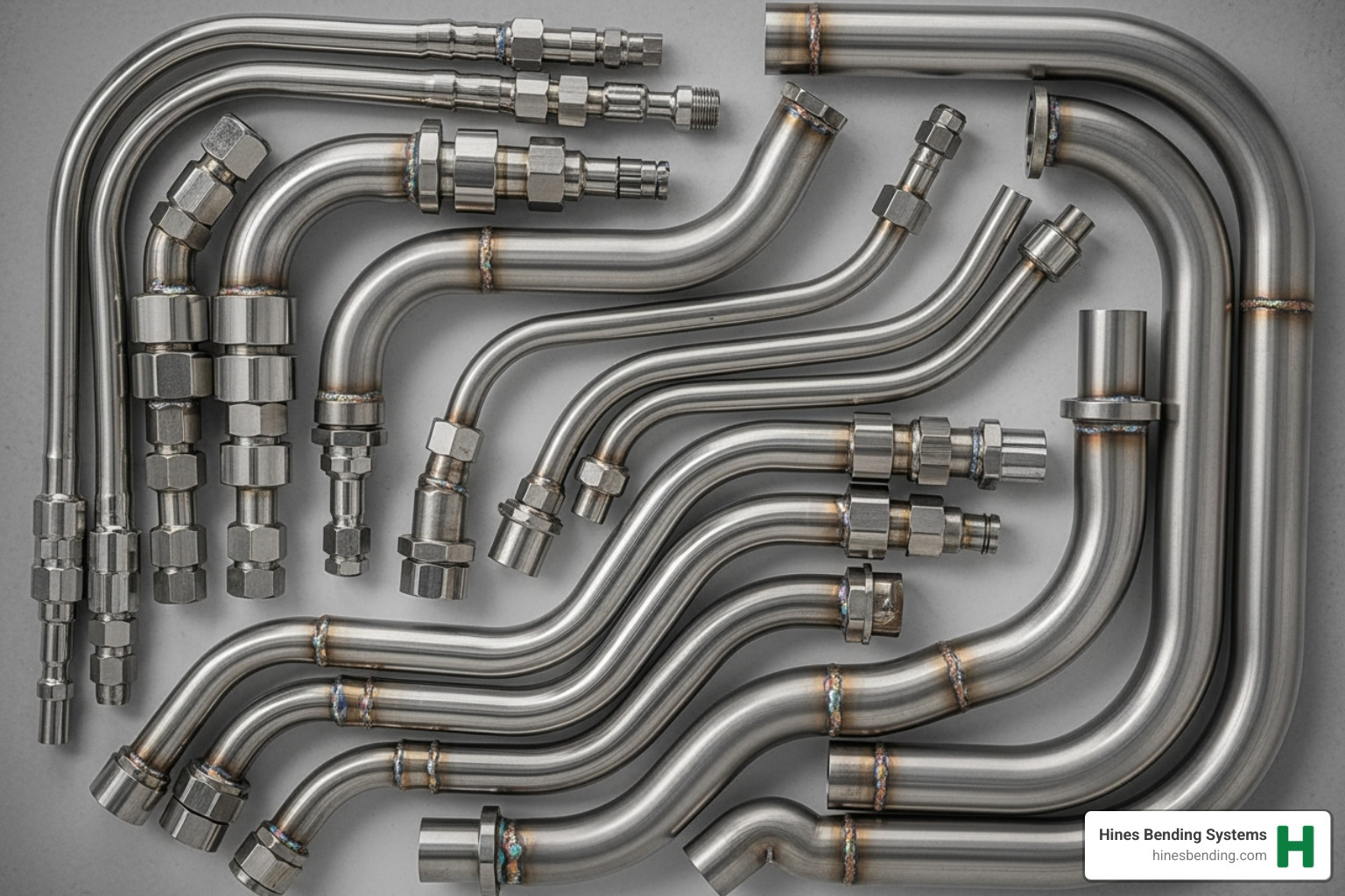 Collage of bent tubes used in aerospace and automotive industries - right and left cnc tube bender