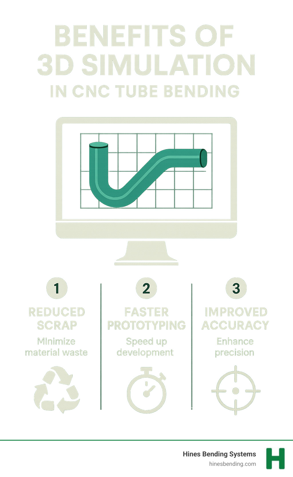 Infographic detailing the benefits of 3D simulation in CNC tube bending, including reduced scrap, faster prototyping, and improved accuracy - right and left cnc tube bender infographic 