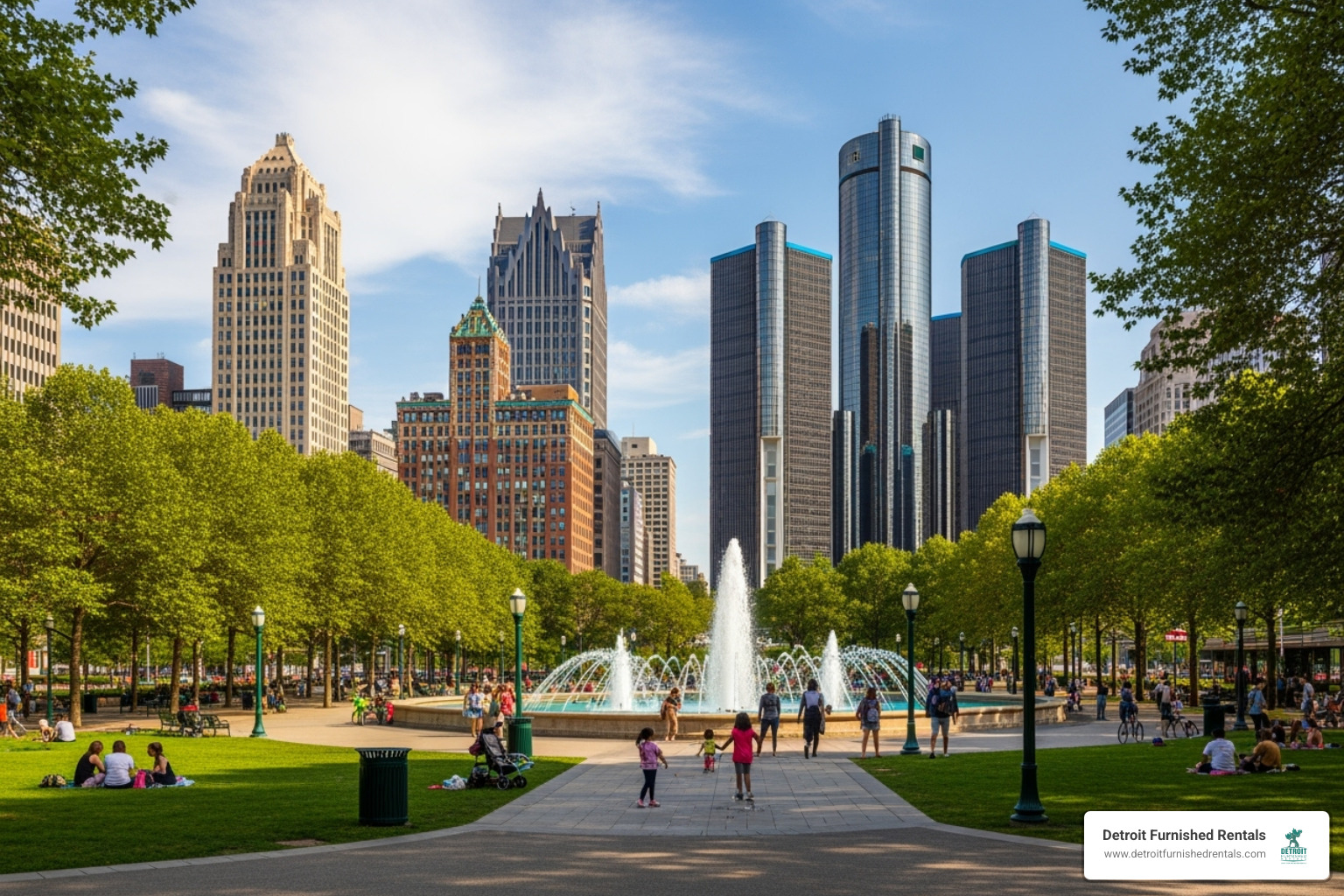 Campus Martius Park in summer - apartments downtown detroit