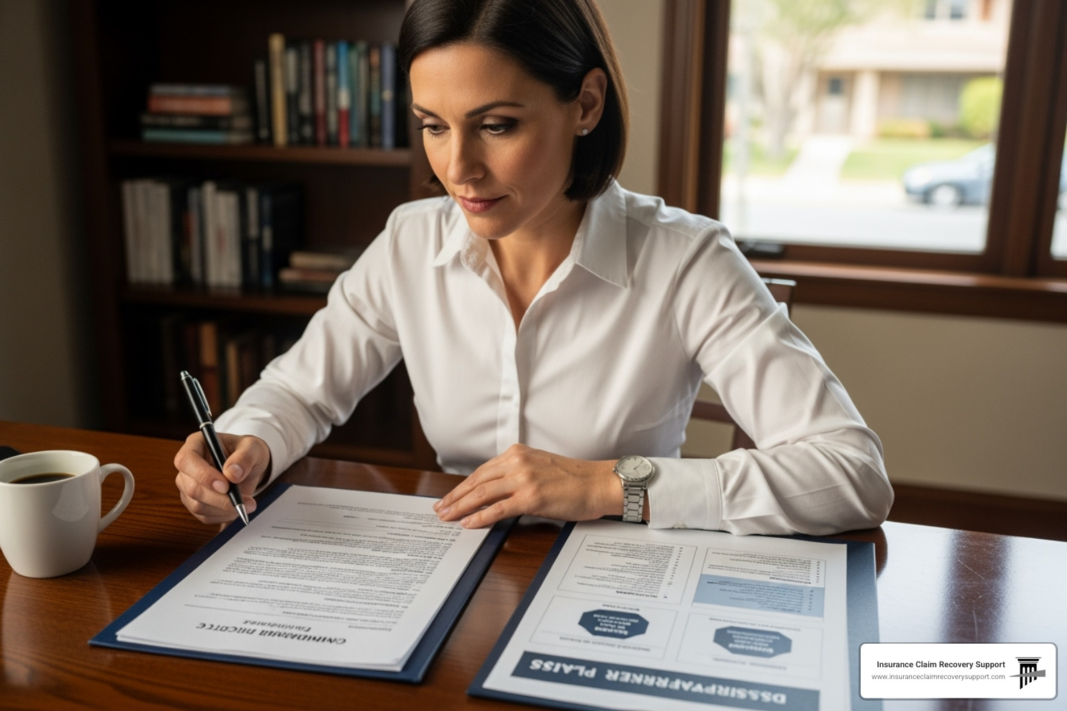A business owner reviewing an insurance policy and disaster plan. - commercial property loss claim