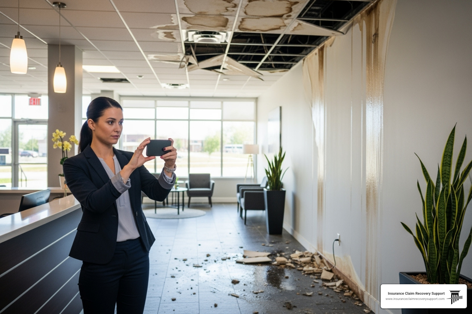 A business owner safely taking photos of property damage with a smartphone. - commercial property loss claim