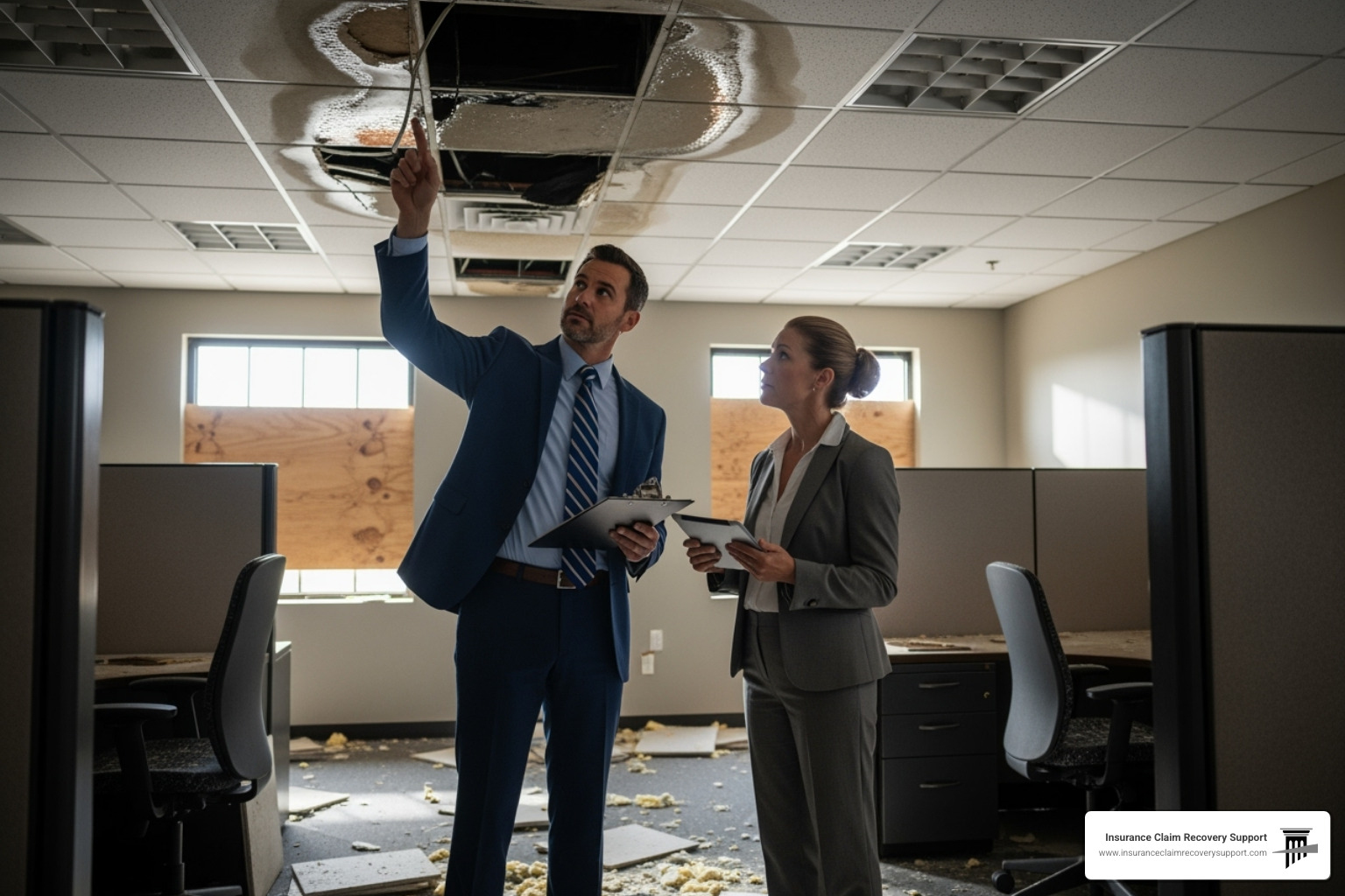A public adjuster meeting with a business owner at a damaged property. - commercial property loss claim